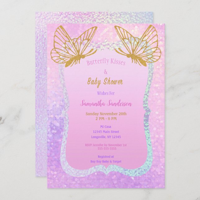 Butterfly Baby Shower Pink and Gold Butterfly Kiss Invitation (Front/Back)