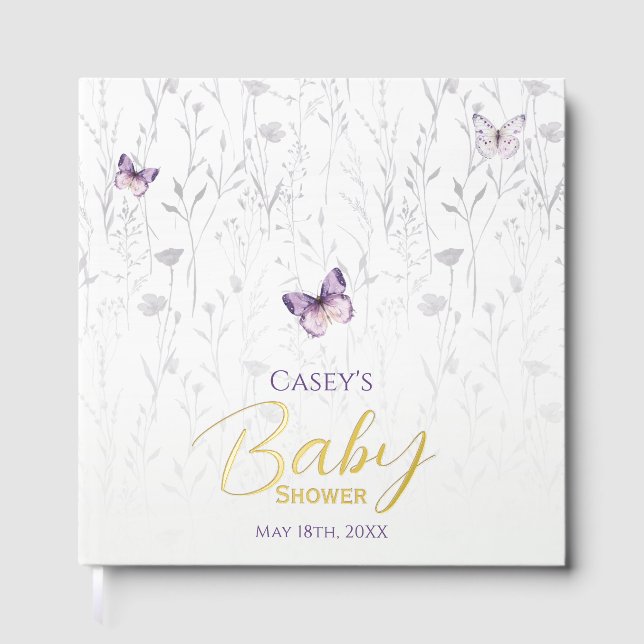 Butterfly Baby Shower Purple Boho Floral Guest Book (Front)