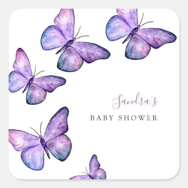 Butterfly Baby Shower Script Custom Minimal Purple Square Sticker (Front)