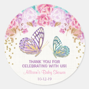 Butterfly baby shower stickers, pink teal gold classic round sticker