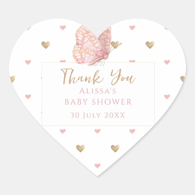 Butterfly Baby Shower Thank You Heart Sticker (Front)