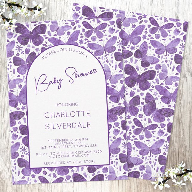 Butterfly Baby Shower Watercolor Purple Invitation (Purple watercolor butterfly pattern gender neutral baby shower invitation with custom text)