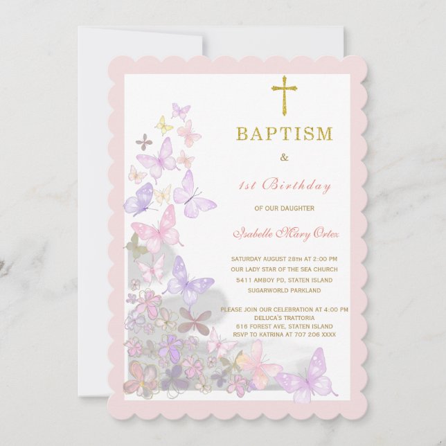 Butterfly Baptism First and Birthday Invitation (Front)