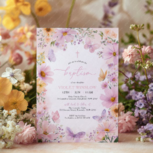 Butterfly Baptism Floral Pink Purple Girl Invitation