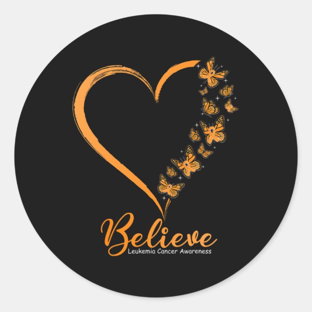 Butterfly Believe Leukaemia Awareness Orange Ribbo Classic Round Sticker (Front)