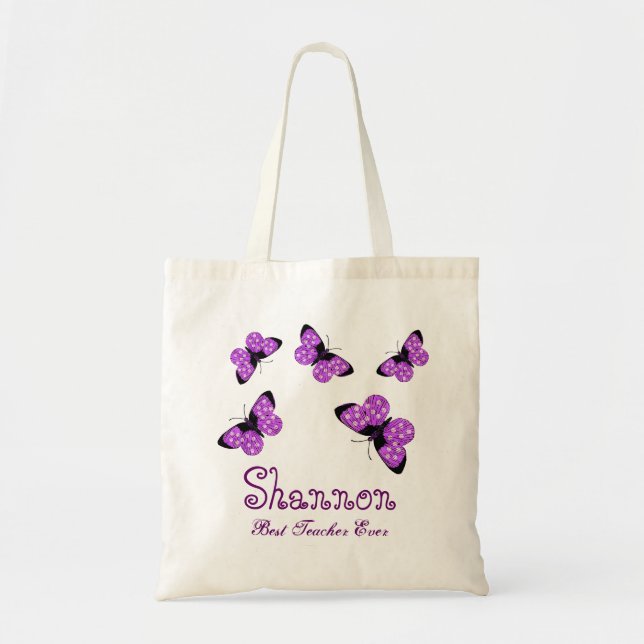 Butterfly Best Teacher Ever Custom Name Gift Tote Bag (Front)