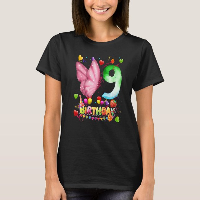 Butterfly Birthday 9 Year Old Kids 9th Butterfly B T-Shirt (Front)