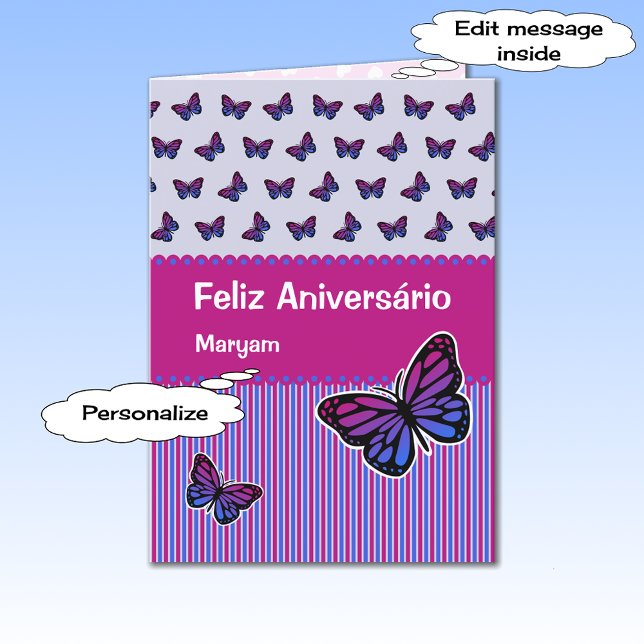 Butterfly birthday add name portuguese card (Creator Uploaded)