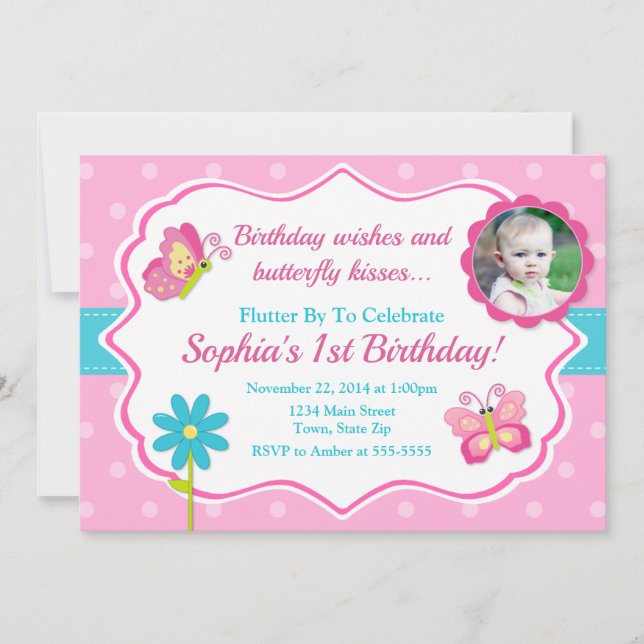 Butterfly Birthday Invitation 1st Birthday (Front)