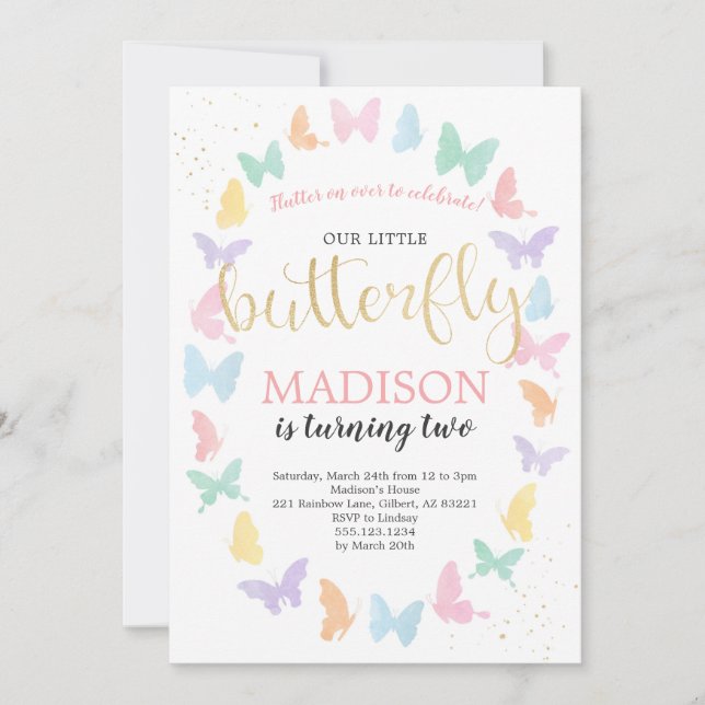 Butterfly Birthday Party Invitation Rainbow Colour (Front)