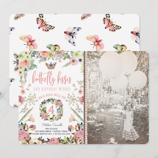 Butterfly Birthday Party Invitations for a Girl (Front/Back)