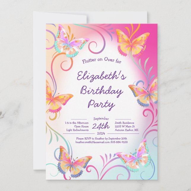 Butterfly Birthday Party Kids Colourful Invitation (Front)