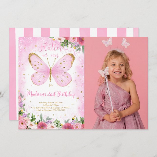 Butterfly Birthday Photo Invitation (Front/Back)