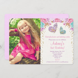 Butterfly birthday pink gold purple photo invitation