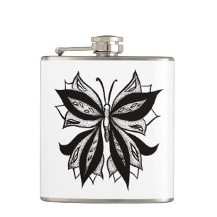 Butterfly Black And White Tribal Tattoo Hip Flask