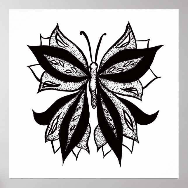 Butterfly Black And White Tribal Tattoo Poster (Front)