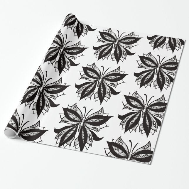 Butterfly Black And White Tribal Tattoo Wrapping Paper (Unrolled)
