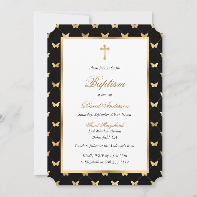 Butterfly Black Gold Cross Elegant Script Baptism Invitation (Front)