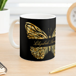 Butterfly black gold elegant name script coffee mug