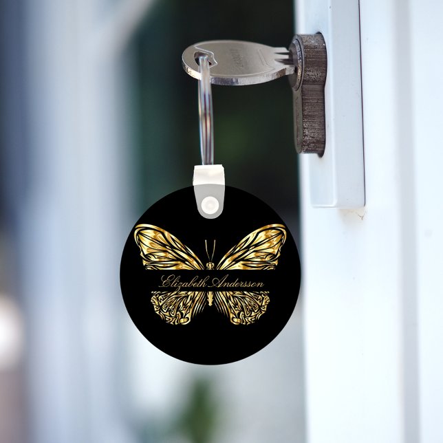 Butterfly black gold elegant name script key ring (Creator Uploaded)