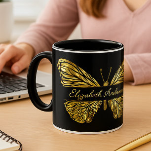 Butterfly black gold elegant name script mug