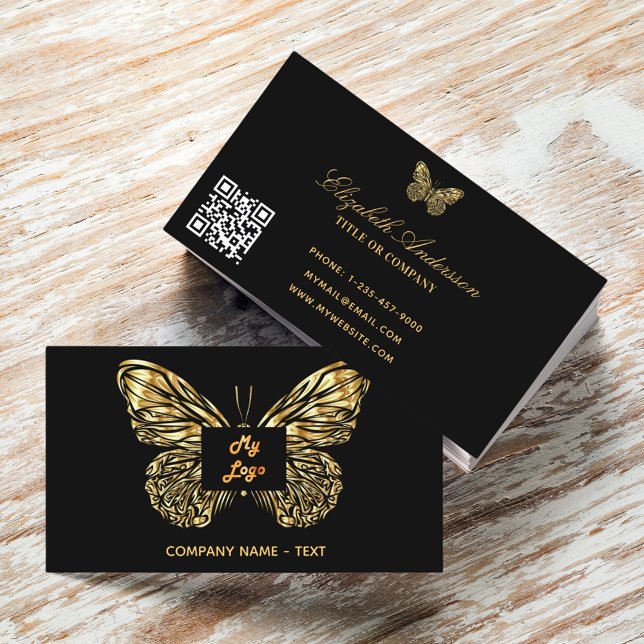 Butterfly black gold logo elegant QR code Business Card (Creator Uploaded)