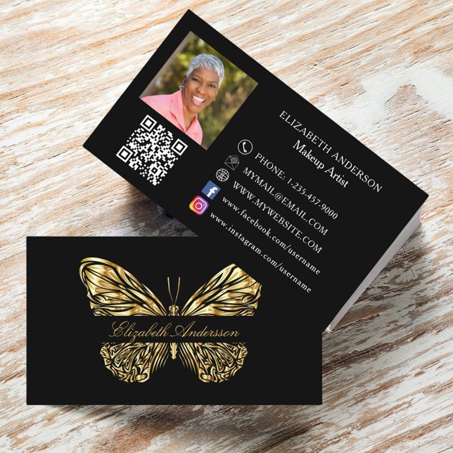 Butterfly black gold QR code photo Business Card (Creator Uploaded)