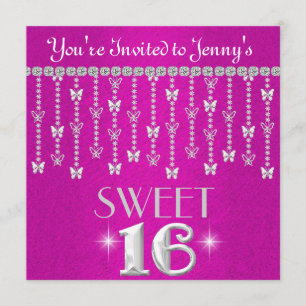 Butterfly BLING SWEET 16 HOT PINK Invitation