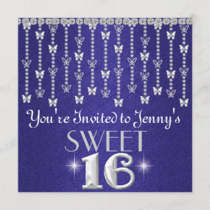 Butterfly BLING SWEET 16 ROYAL BLUE Invitation