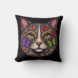 Butterfly Bloom Colour Cat Portrait Cats Mum Black Cushion