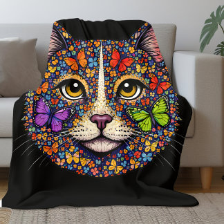 Butterfly Bloom Colour Cat Portrait Cats Mum Black Fleece Blanket