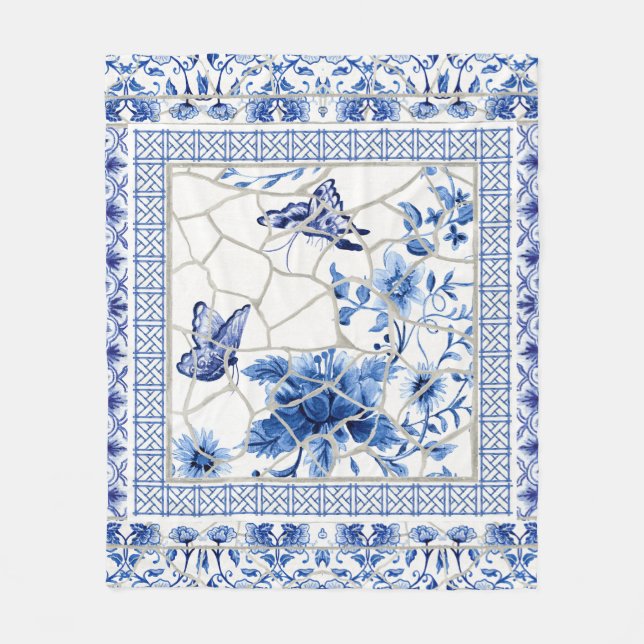 Butterfly Blue and White Chinoiserie Chic Flowers Fleece Blanket (Front)