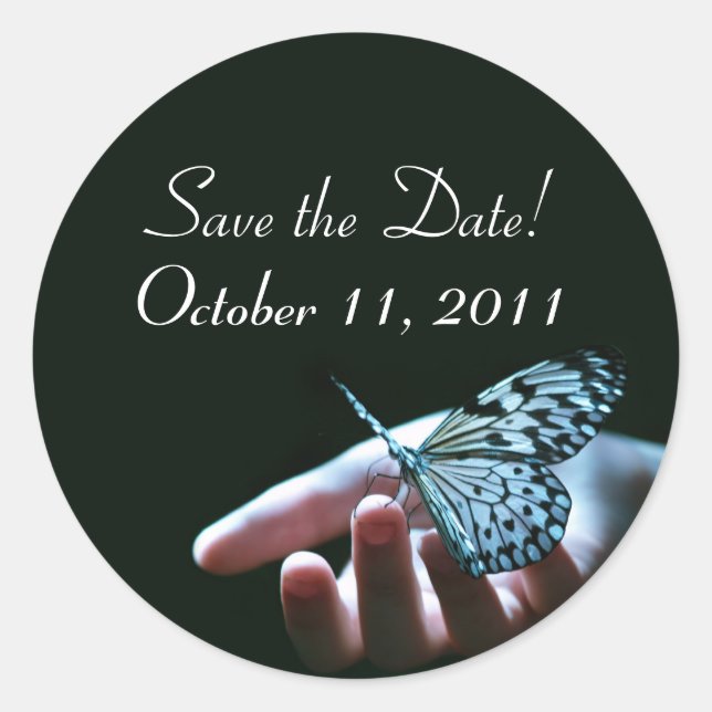 butterfly blue black save the date sticker (Front)