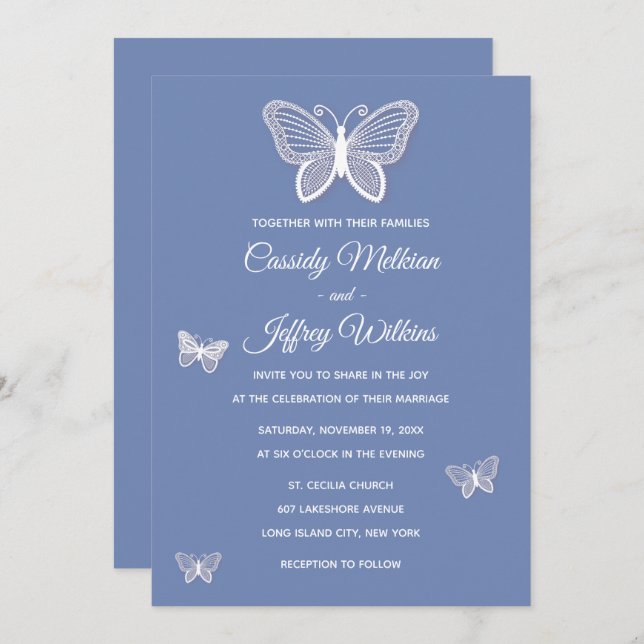 Butterfly Blue Cornflower Wedding Butterflies Invitation (Front/Back)