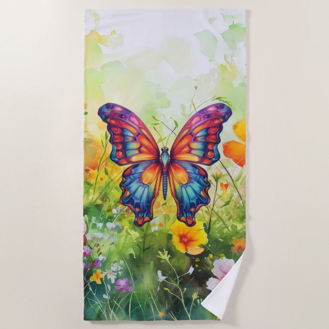 Butterfly Blue Orange Wings Beach Towel (Front)