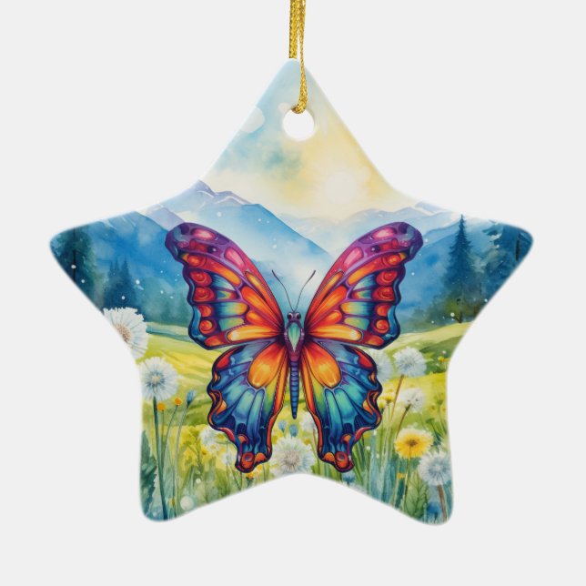Butterfly Blue Orange Wings Ceramic Ornament (Back)