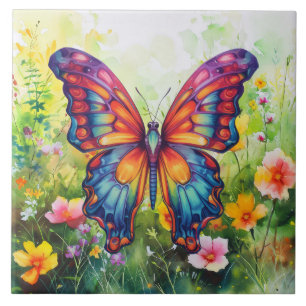 Butterfly Blue Orange Wings Ceramic Tile