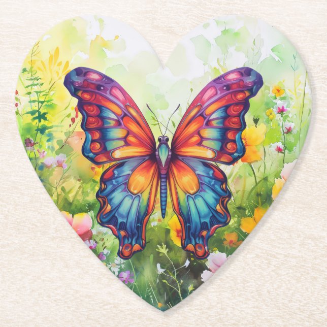 Butterfly Blue Orange Wings Paper Coaster (Front)