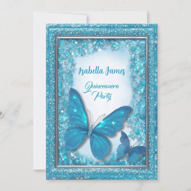 Butterfly blue turquoise Quinceanera magical chic Invitation (Front)