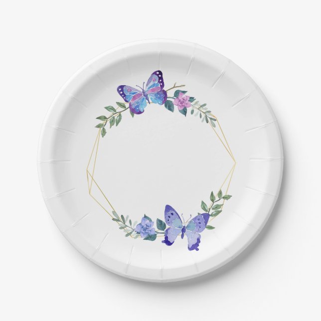 Butterfly Blue Watercolor Butterflies Wedding Paper Plate (Front)
