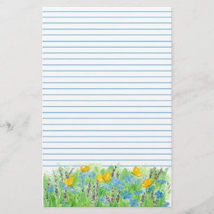 Butterfly Blue Watercolor Flowers Lined Stationery
