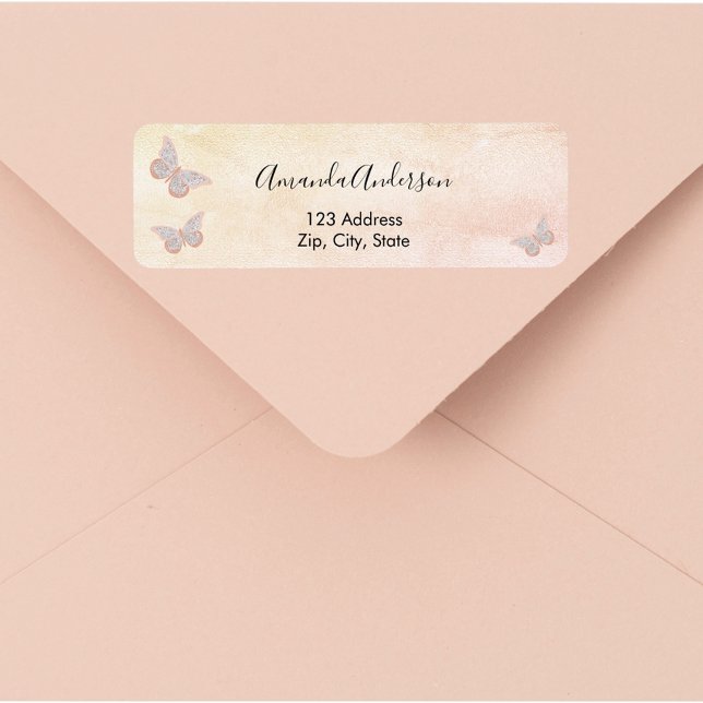 Butterfly blush pink rose return address label (Creator Uploaded)