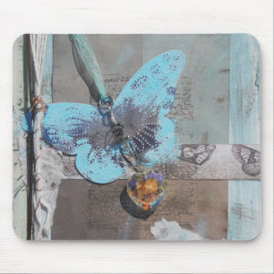 Butterfly Boho Chic Blue Heart Dream Mouse Pad