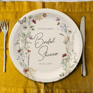 Butterfly Boho Fall Wildflowers Bridal Shower Paper Plate