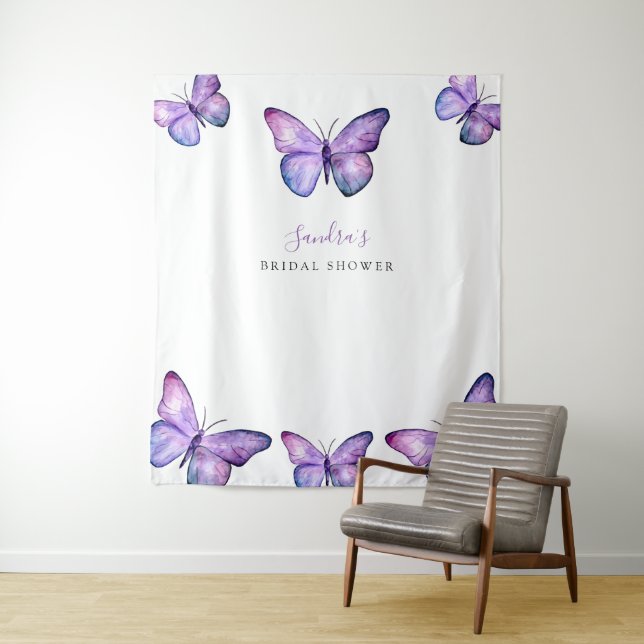 Butterfly Bridal Shower Backdrop Minimalist Purple Tapestry (In Situ)