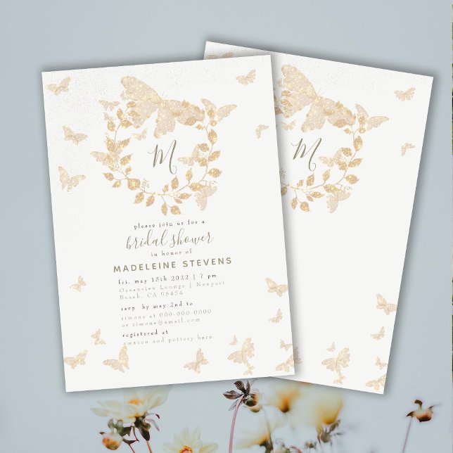 Butterfly Bridal Shower Gold Monogram Elegant Invitation (Creator Uploaded)