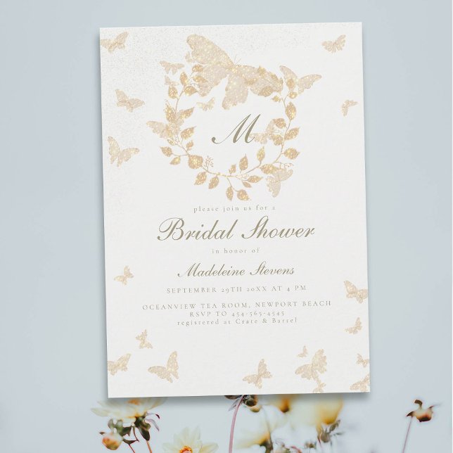 Butterfly Bridal Shower Gold Monogram Greenery Invitation (gold butterflies bridal shower invitation elegant botanical wreath greenery eucalyptus romantic boho)