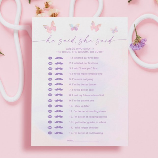 Butterfly Bridal Shower He Said She Said Game Card (Creator Uploaded)