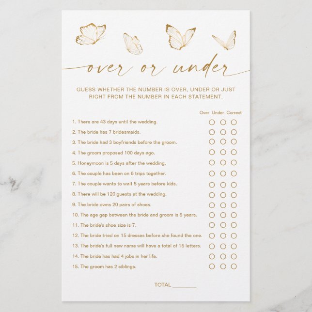 Butterfly Bridal Shower Over or Under Game (Front)
