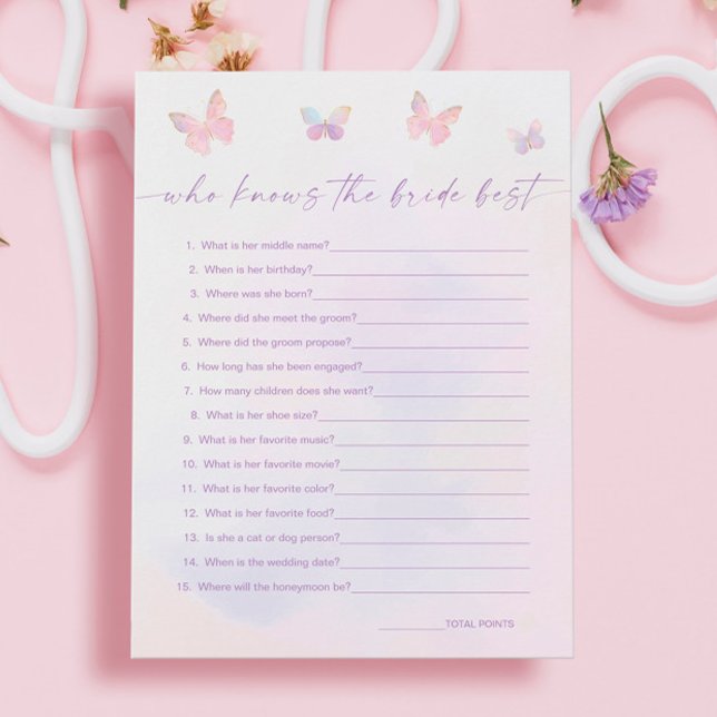 Butterfly Bridal Shower Who Knows Bride Game Card (Creator Uploaded)